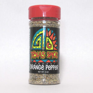Orange Pepper seasoning in a plastic shaker bottle with a red lid on a white background