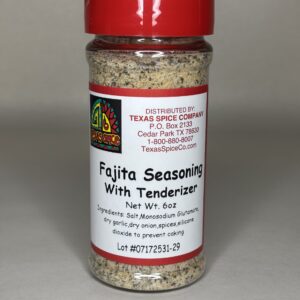 Texas Spice Fajita with Tenderizer seasoning in a plastic shaker with a red lid