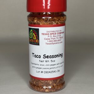 Texas Spice Original Taco seasoning in a plastic shaker with a red lid