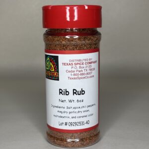 Texas Spice Rib Rub seasoning in a plastic shaker with a red lid