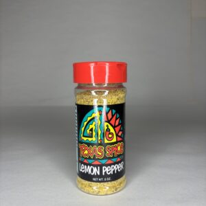 Lemon Pepper seasoning in jar with red lid on white background