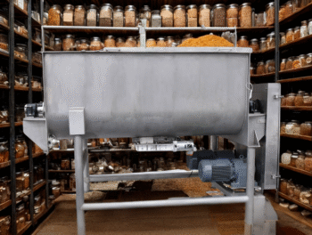industrial blender with spices on shelves in background